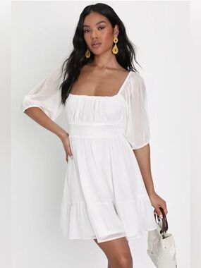 NWT Lulus White Square Neck Puff Sleeve Tie Back Chiffon Mini Dress XS